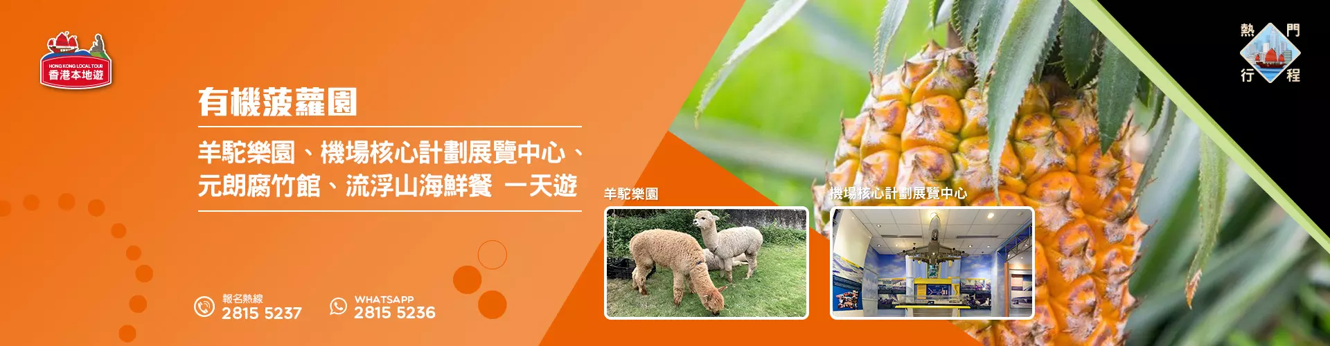 【導賞團】有機菠蘿園、羊駝樂園、機場核心計劃展覽中心、元朗腐竹館、流浮山海鮮餐 一天遊 (包團)